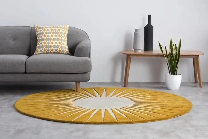 Yellow 7x7 Round Sun Design Rug