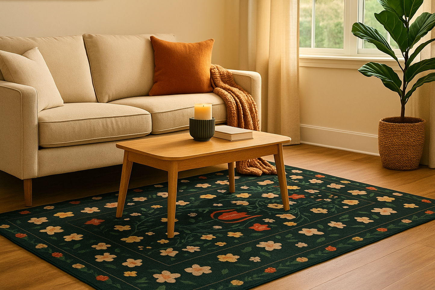 Washable Nordic Floral Layer  Wool Rug Soft Carpet, Living Room,