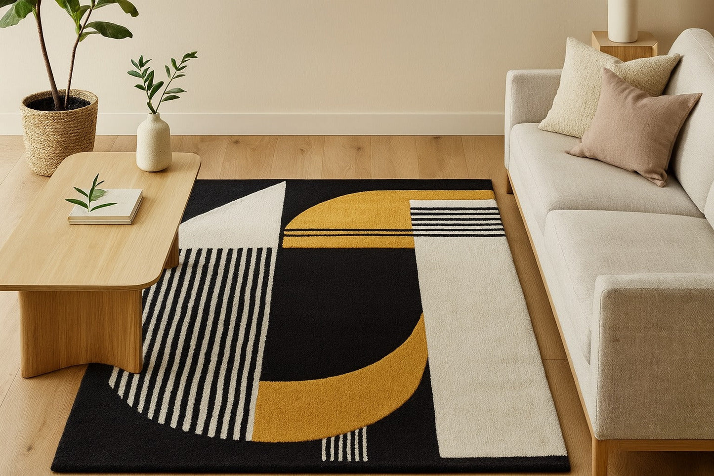 Yellow Black and White Color Geometric Hand Tufted Wool Carpet