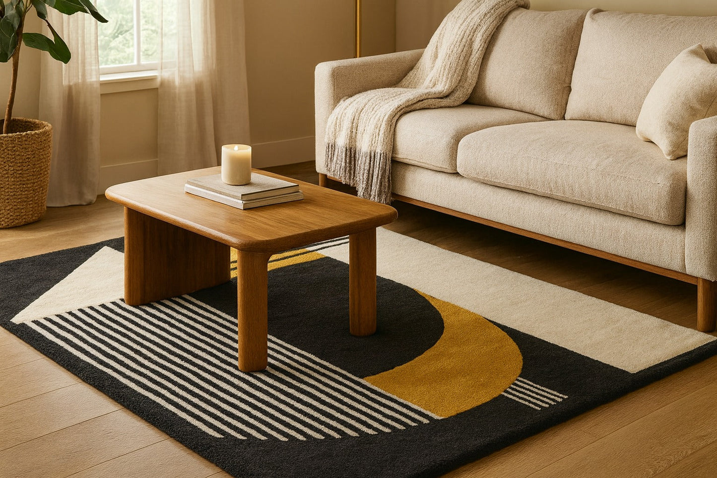 Yellow Black and White Color Geometric Hand Tufted Wool Carpet