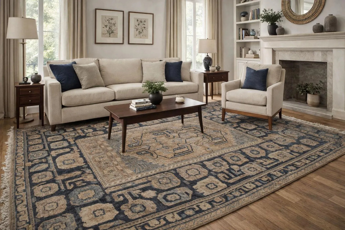 Handwoven Wool Rug Geometric Oriental Tribal Design, Natural Beige Blue Carpet