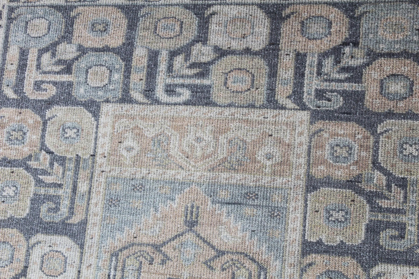 Handwoven Wool Rug Geometric Oriental Tribal Design, Natural Beige Blue Carpet