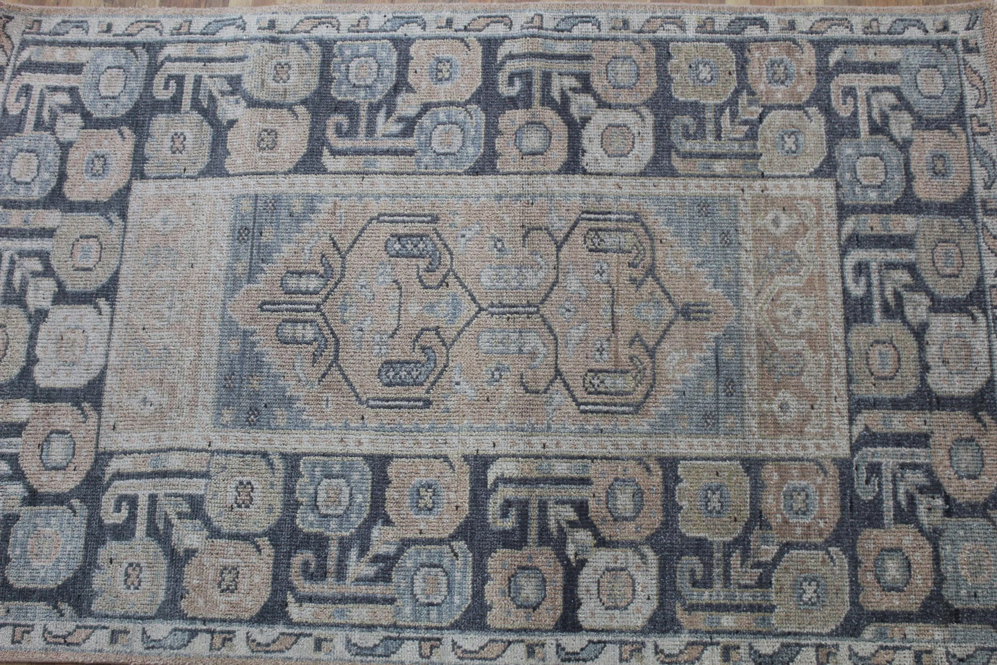 Handwoven Wool Rug Geometric Oriental Tribal Design, Natural Beige Blue Carpet