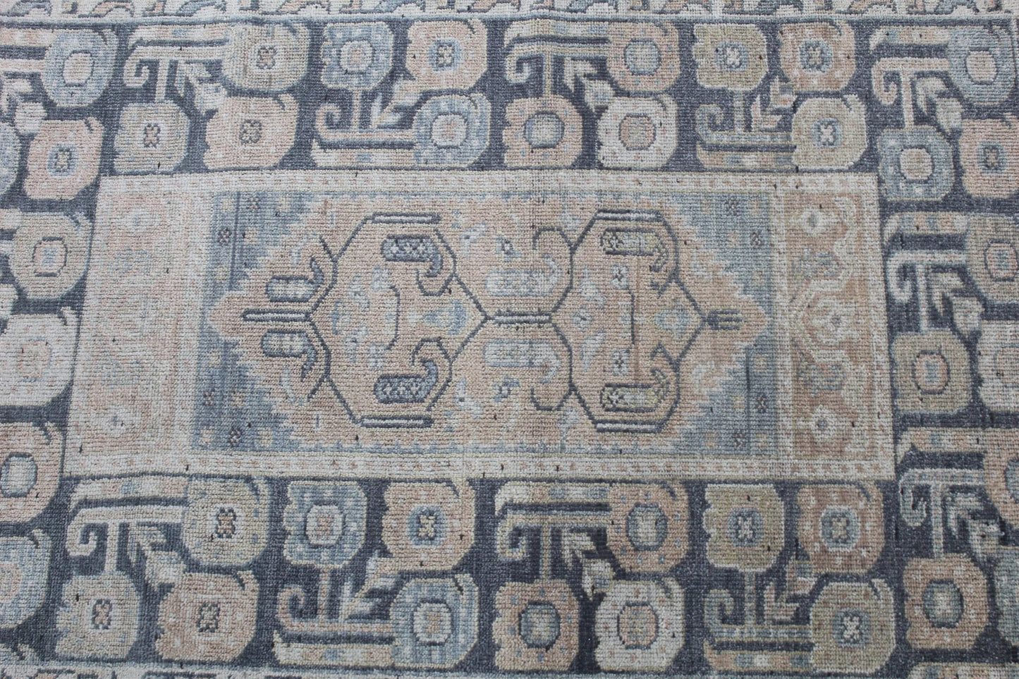 Handwoven Wool Rug Geometric Oriental Tribal Design, Natural Beige Blue Carpet