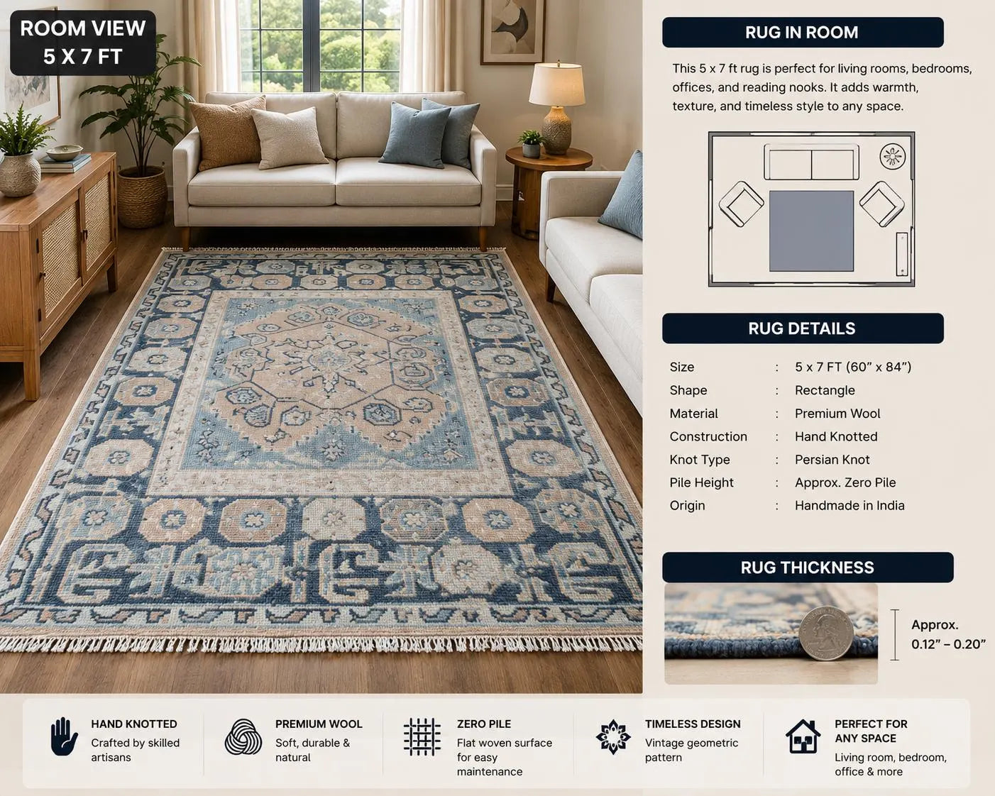 Handwoven Wool Rug Geometric Oriental Tribal Design, Natural Beige Blue Carpet